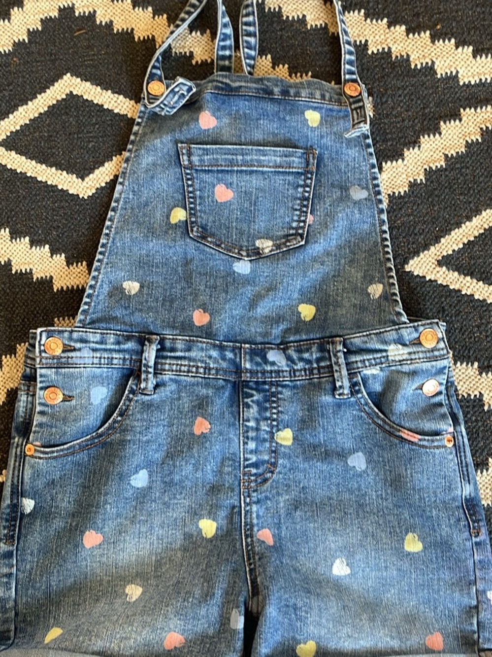Cat & Jack Denim Heart Print Overalls - Blue with Pink, Yellow, White Hearts